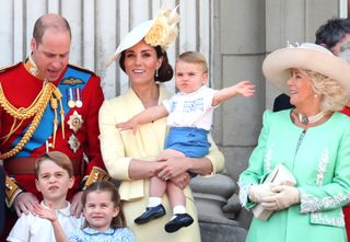 Prince William, Duke of Cambridge, Prince George, Princess Charlotte, Catherine, Duchess of Cambridge, Prince Louis and Camilla, Duchess of Cornwall during Trooping The Colour, the Queen's annual birthday parade, on June 08, 2019 in London, England
