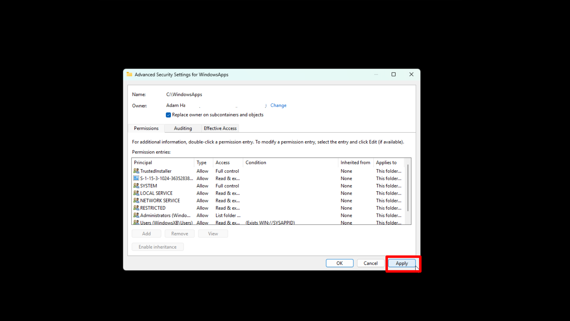 Step by step guide on how to access WindowsApps folders