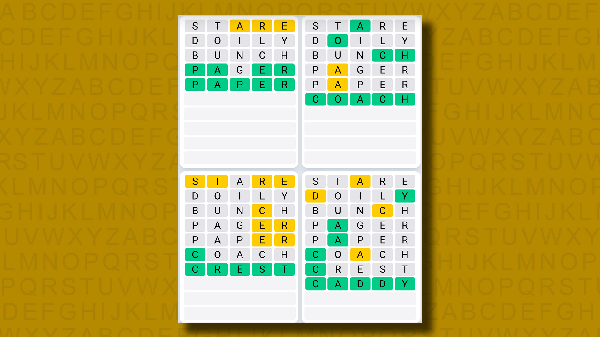 Quordle Daily Sequence Answers for Game 927 on a yellow background