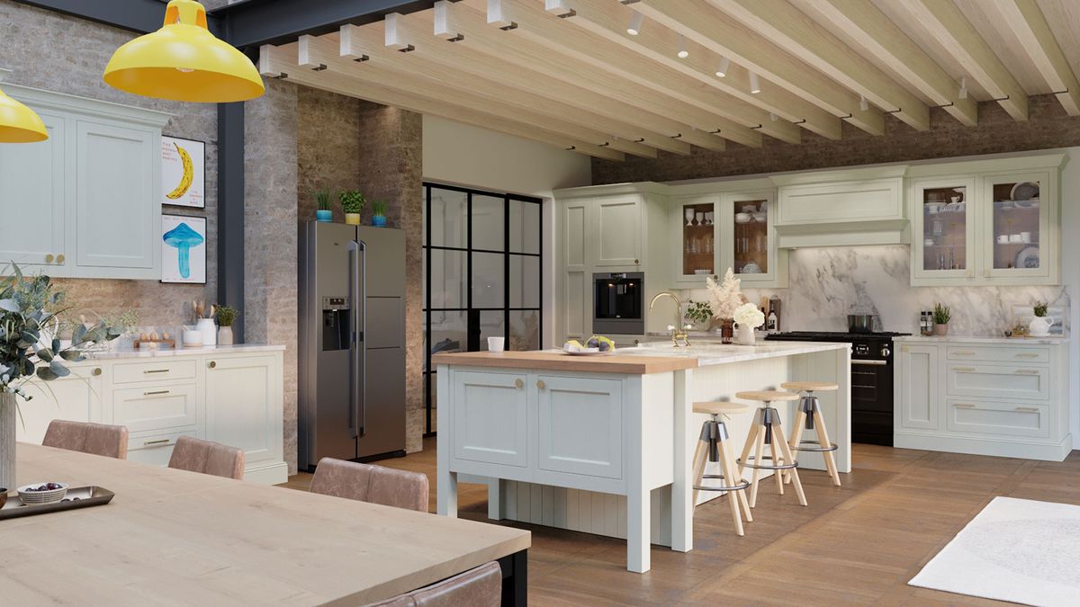 cream kitchen with large kitchen island