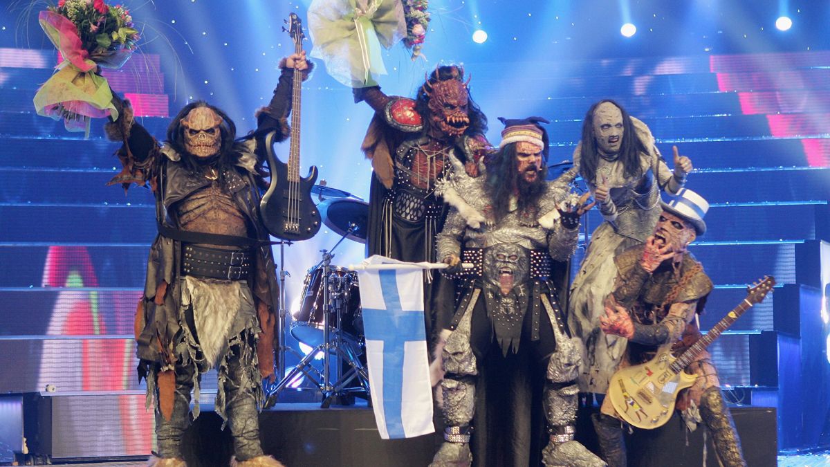 Monster rock band Lordi of Finland celebrate their victury at conclusion of the finals of the 2006 Eurovision Song Contest May 20, 2006 in Athens, Greece.