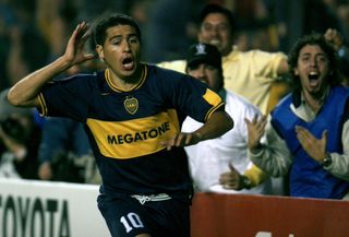 Juan Roman Riquelme celebrates a goal for Boca Juniors against Velez Sarsfield in May 2007.