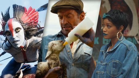 (From L to R) Varang (voiced by Oona Chaplin) in Avatar: Fire and Ash; Hugh Jackman as George Hardy feeding a baby lamb in The Sheep Detectives; Keke Palmer as Corvette in I Love Boosters