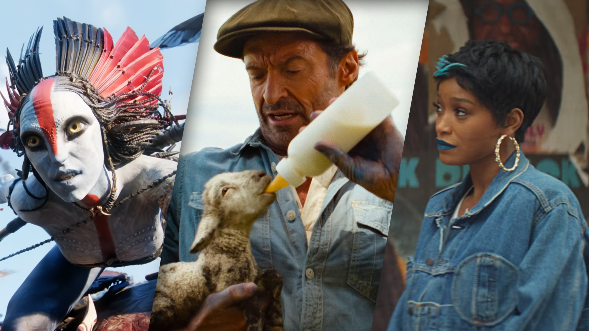 (From L to R) Varang (voiced by Oona Chaplin) in Avatar: Fire and Ash; Hugh Jackman as George Hardy feeding a baby lamb in The Sheep Detectives; Keke Palmer as Corvette in I Love Boosters