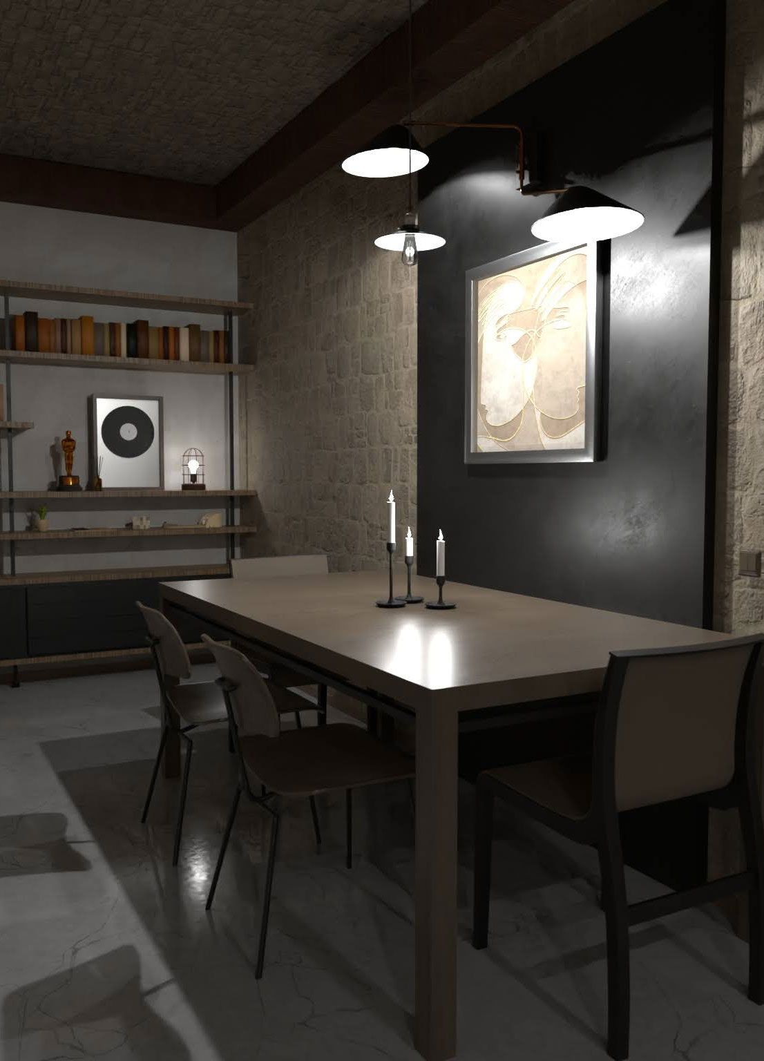 Modern dining room with cool lighting