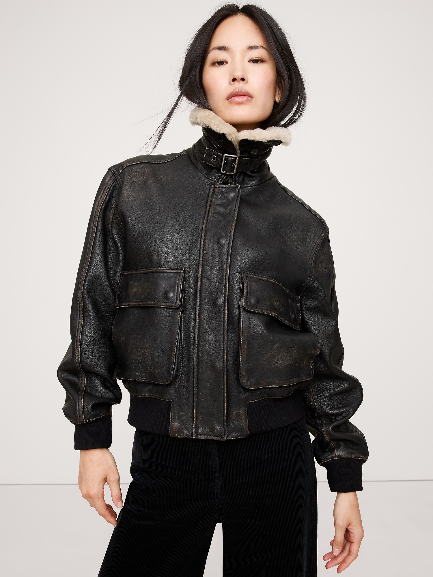 Oversized Distressed Leather Flight Jacket