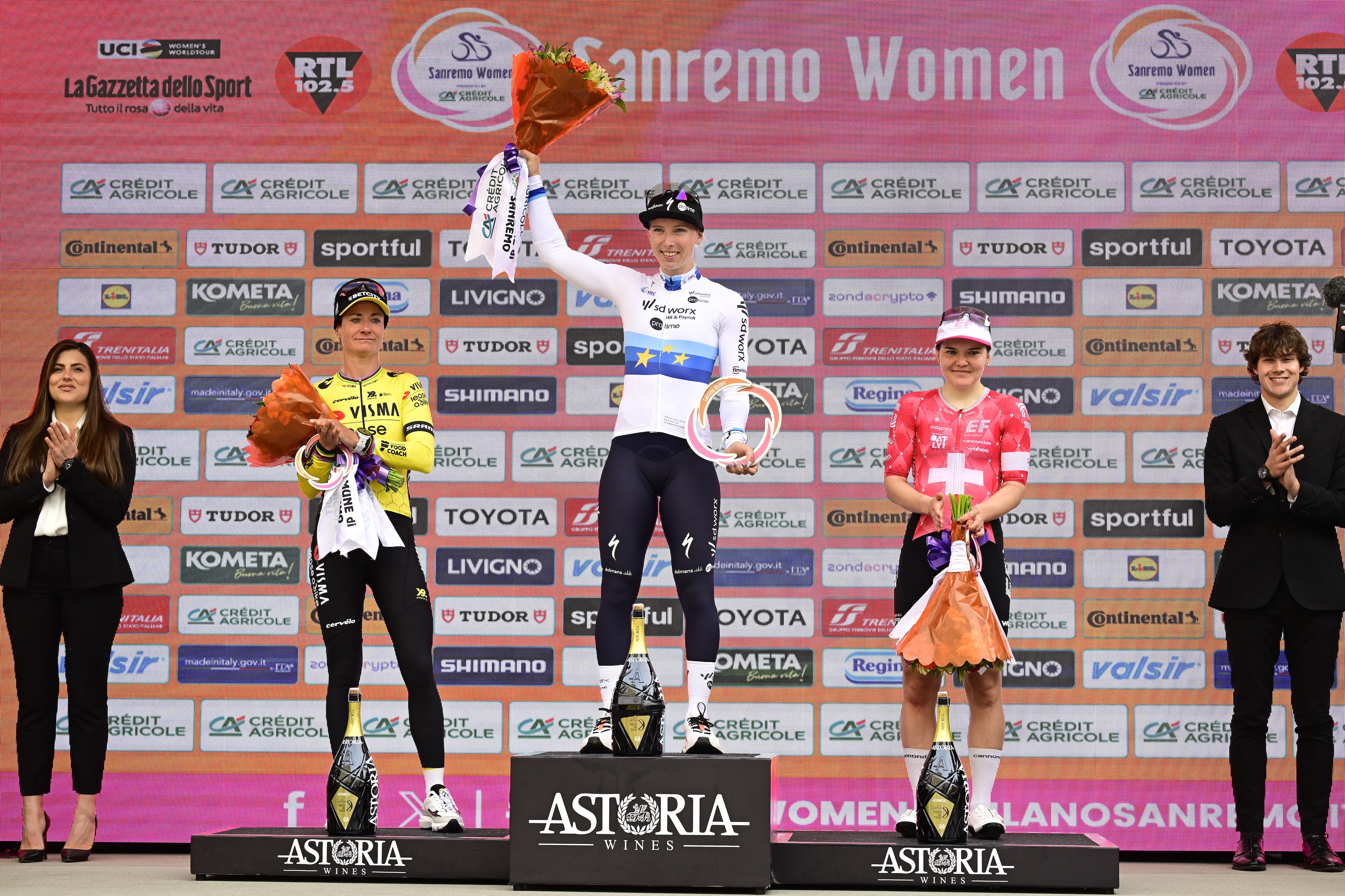 San Remo Women winner Lorena Wiebes on the podium