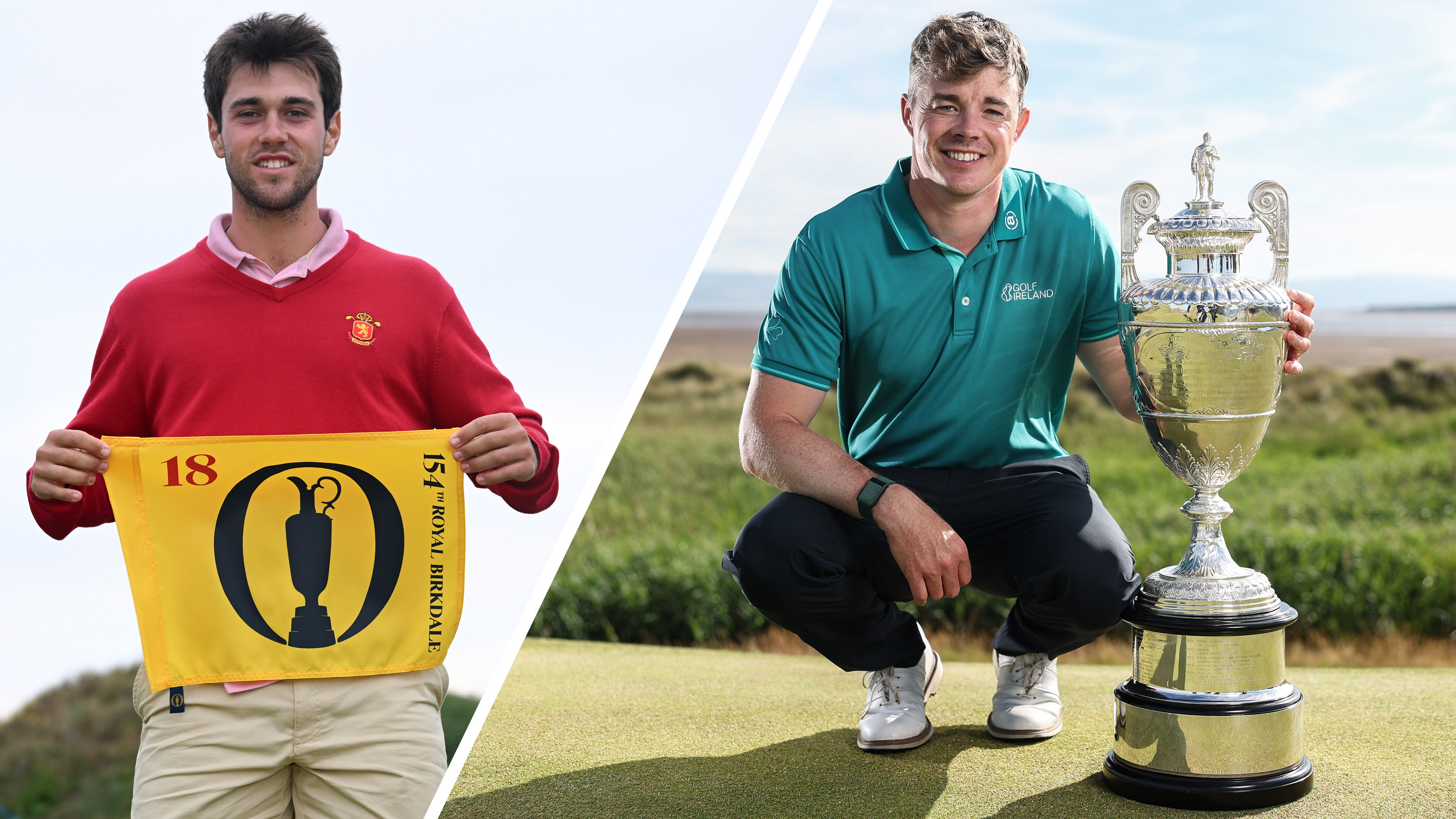 A golfer holds an Open Championship flag, while another poses with a trophy
