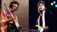 LEFT: Jimi Hendrix (1942-1970) performs live on stage playing a black Fender Stratocaster guitar with The Jimi Hendrix Experience at the Royal Albert Hall in London on 24th February 1969. RIGHT: Paul McCartney, fronts his next band "Wings" in May 1976 in Los Angeles, California.