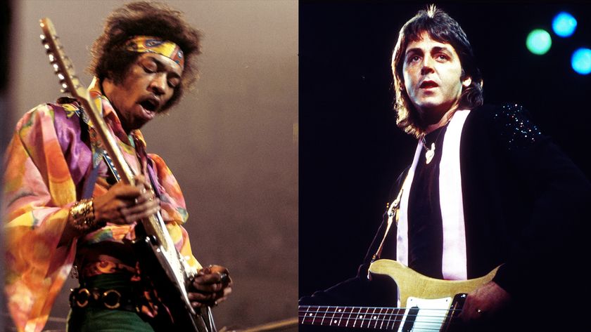 LEFT: Jimi Hendrix (1942-1970) performs live on stage playing a black Fender Stratocaster guitar with The Jimi Hendrix Experience at the Royal Albert Hall in London on 24th February 1969. RIGHT: Paul McCartney, fronts his next band "Wings" in May 1976 in Los Angeles, California.