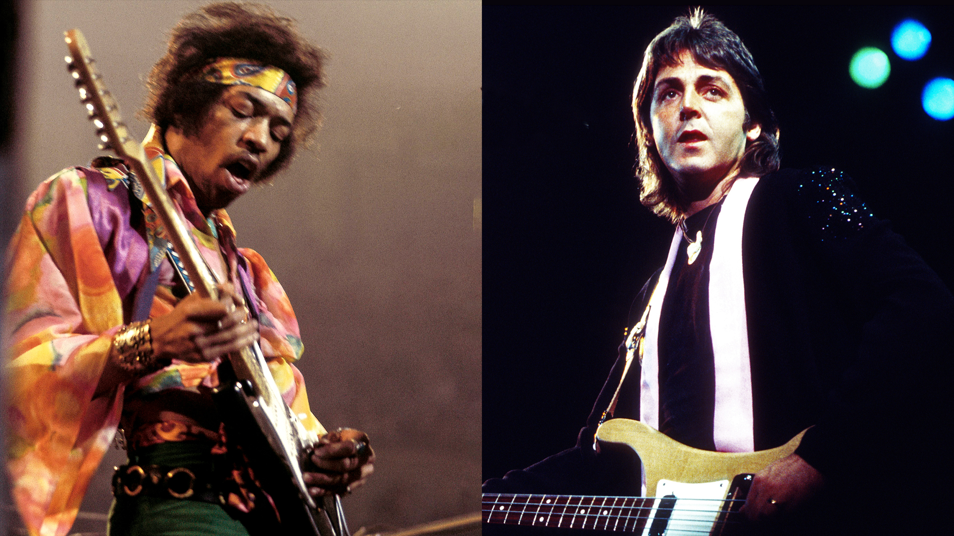 LEFT: Jimi Hendrix (1942-1970) performs live on stage playing a black Fender Stratocaster guitar with The Jimi Hendrix Experience at the Royal Albert Hall in London on 24th February 1969. RIGHT: Paul McCartney, fronts his next band "Wings" in May 1976 in Los Angeles, California.