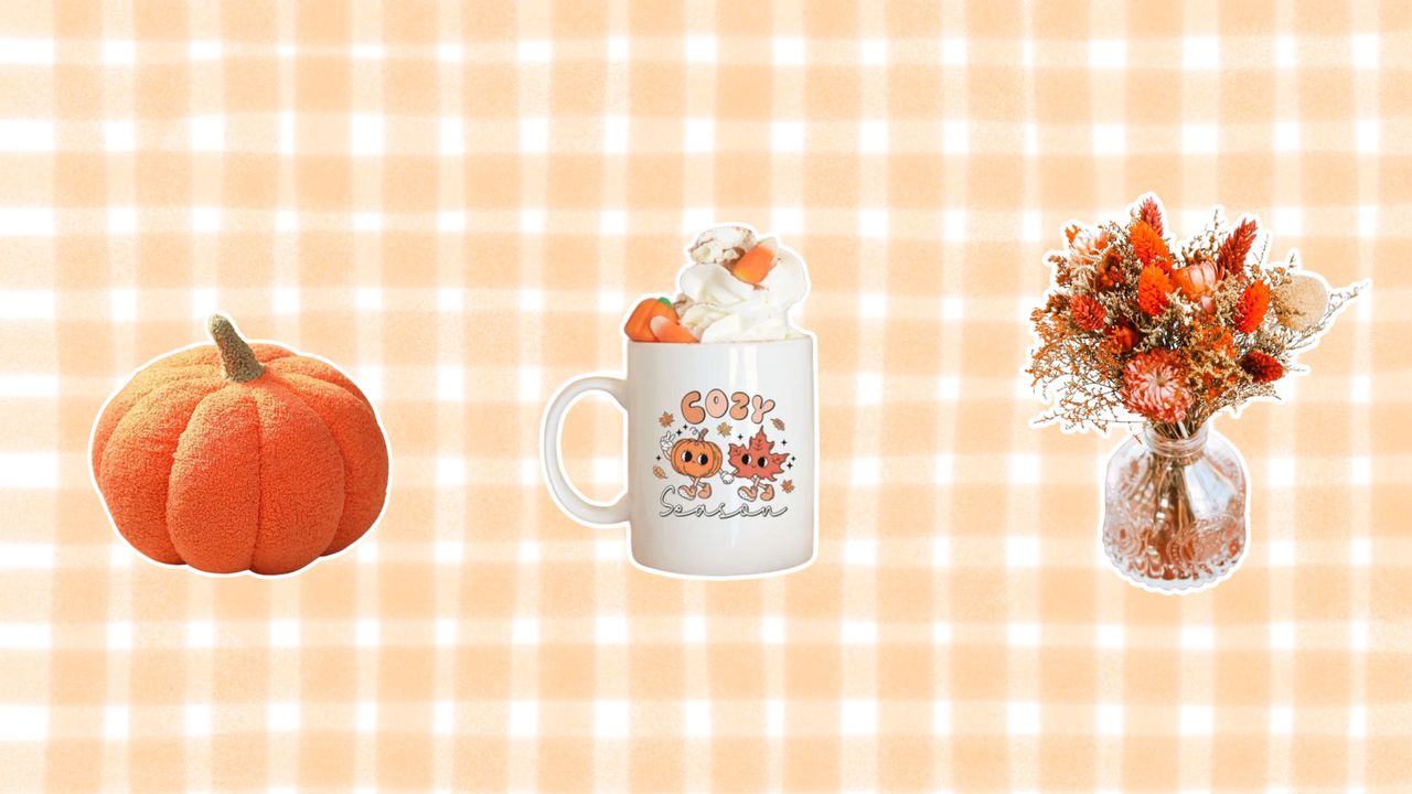 Three Etsy fall decor buys on an orange plaid background