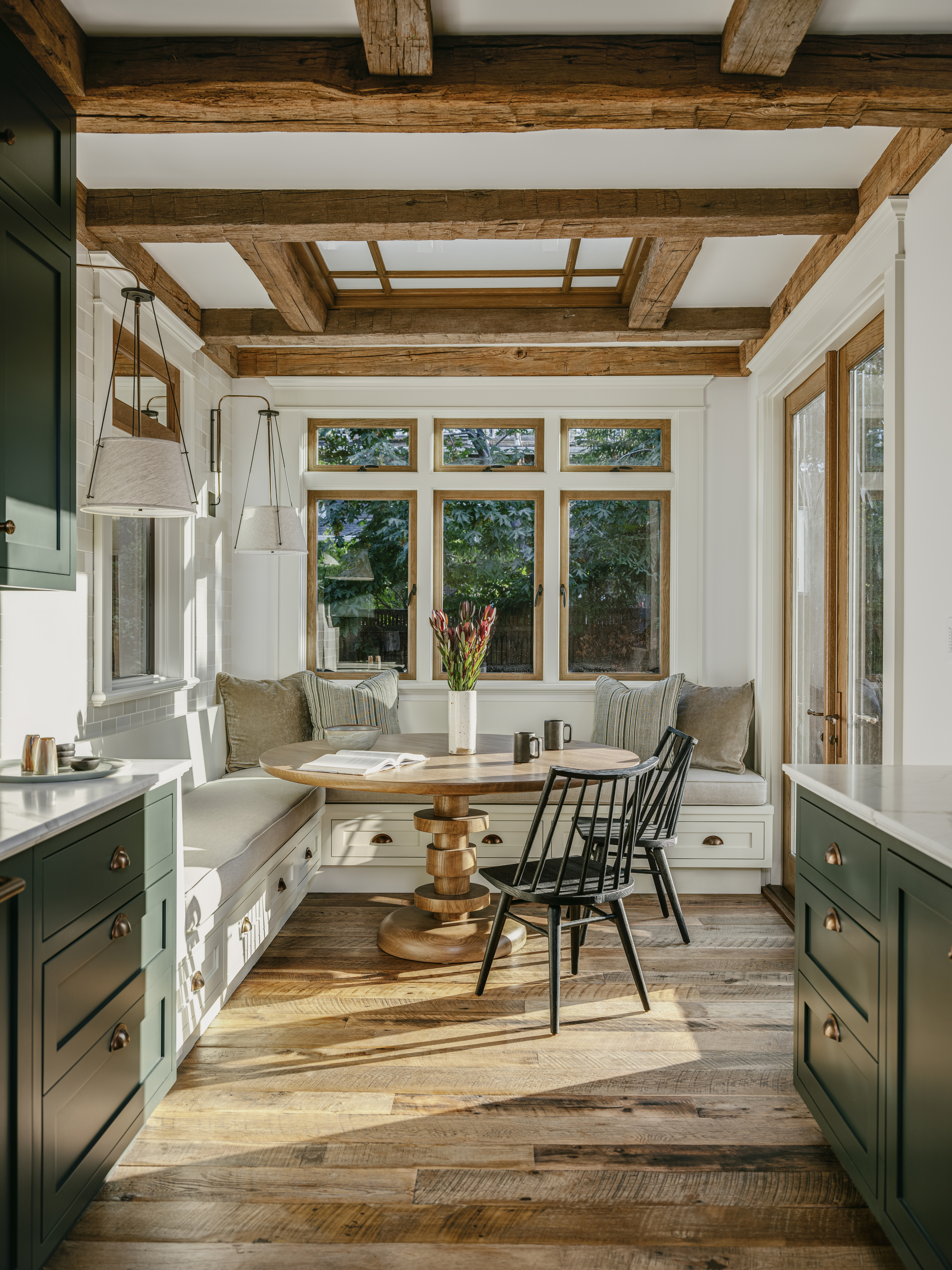 Olive green paired with wooden beams