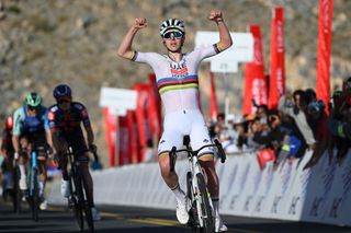 JEBEL JAIS UNITED ARAB EMIRATES FEBRUARY 19 Tadej Pogacar of Slovenia and UAE Team Emirates celebrates at finish line as stage winner during the 7th UAE Tour 2025 Stage 3 a 181km stage from Ras al Khaimah to Jebel Jais 1490m UCIWWT on February 19 2025 in Jebel Jais United Arab Emirates Photo by Dario BelingheriGetty Images