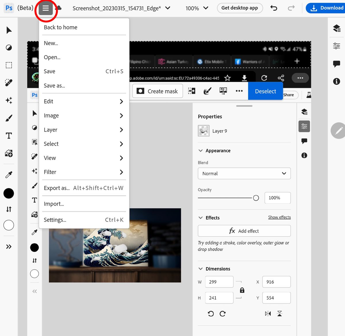 The action menu for Adobe Photoshop for the Web that contains file, selection, filter, and other options