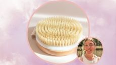 a pink cloud backdrop containing a curcular image of a wooden body brush and another smaller image of beauty editor Fiona McKim smiling wearing a cream top