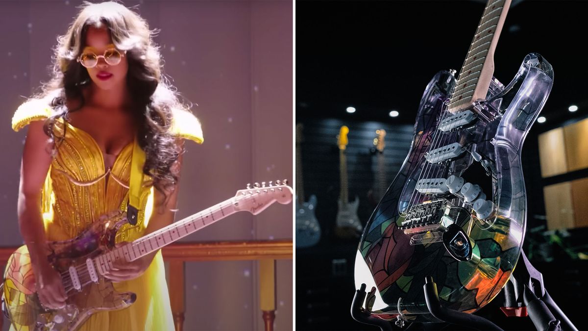 Watch H.E.R. shred as Belle in ABC's live-action Beauty and the Beast show – and get a closer look at her insane "stained-glass" Fender Stratocaster