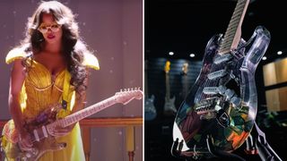 H.E.R. plays a custom-made stained glass Fender Stratocaster (left), an up-close shot of the stained-glass custom Fender Stratocaster