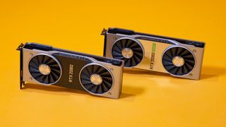 RTX 2080 next to the RTX 2080 Super on a yellow background. 