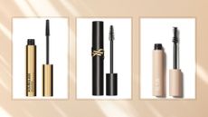 A composite of three mascara bottles and wands from Hourglass, YSL, and ILIA included in the best mascaras for short lashes guide