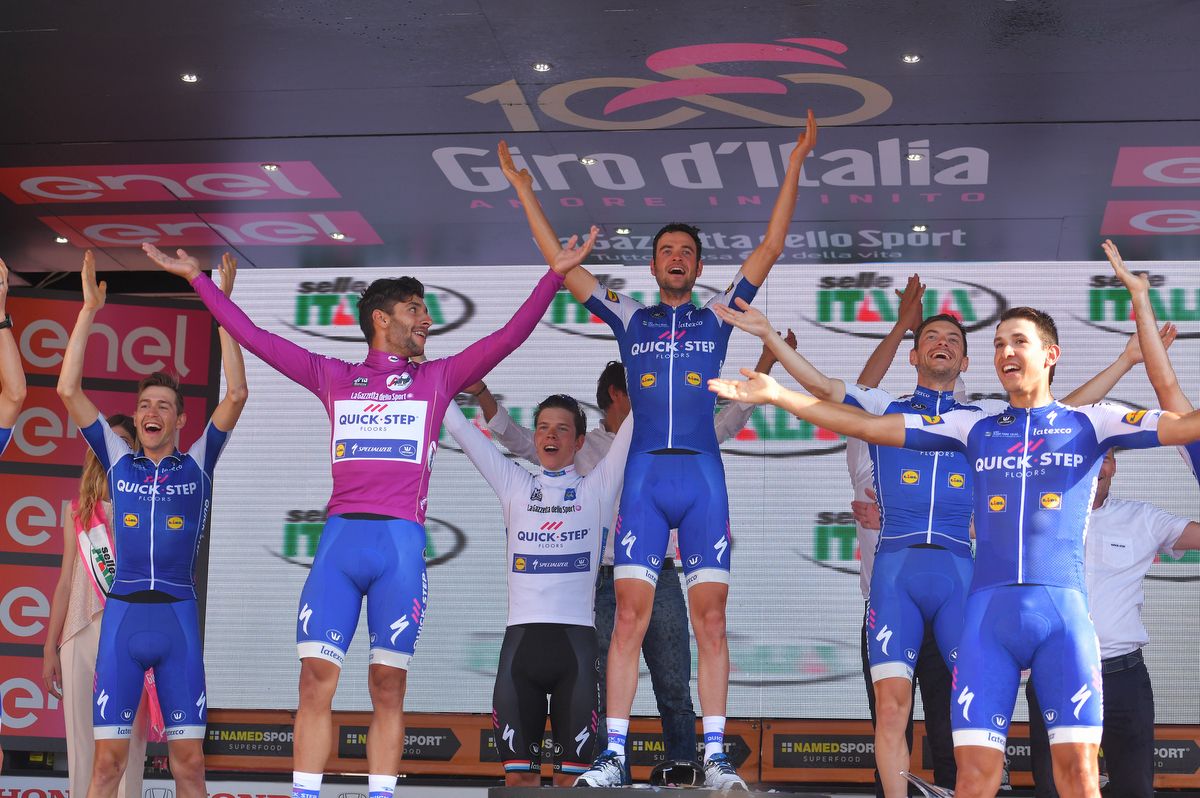 Quick-Step Floors celebrating on the final podium in Milan