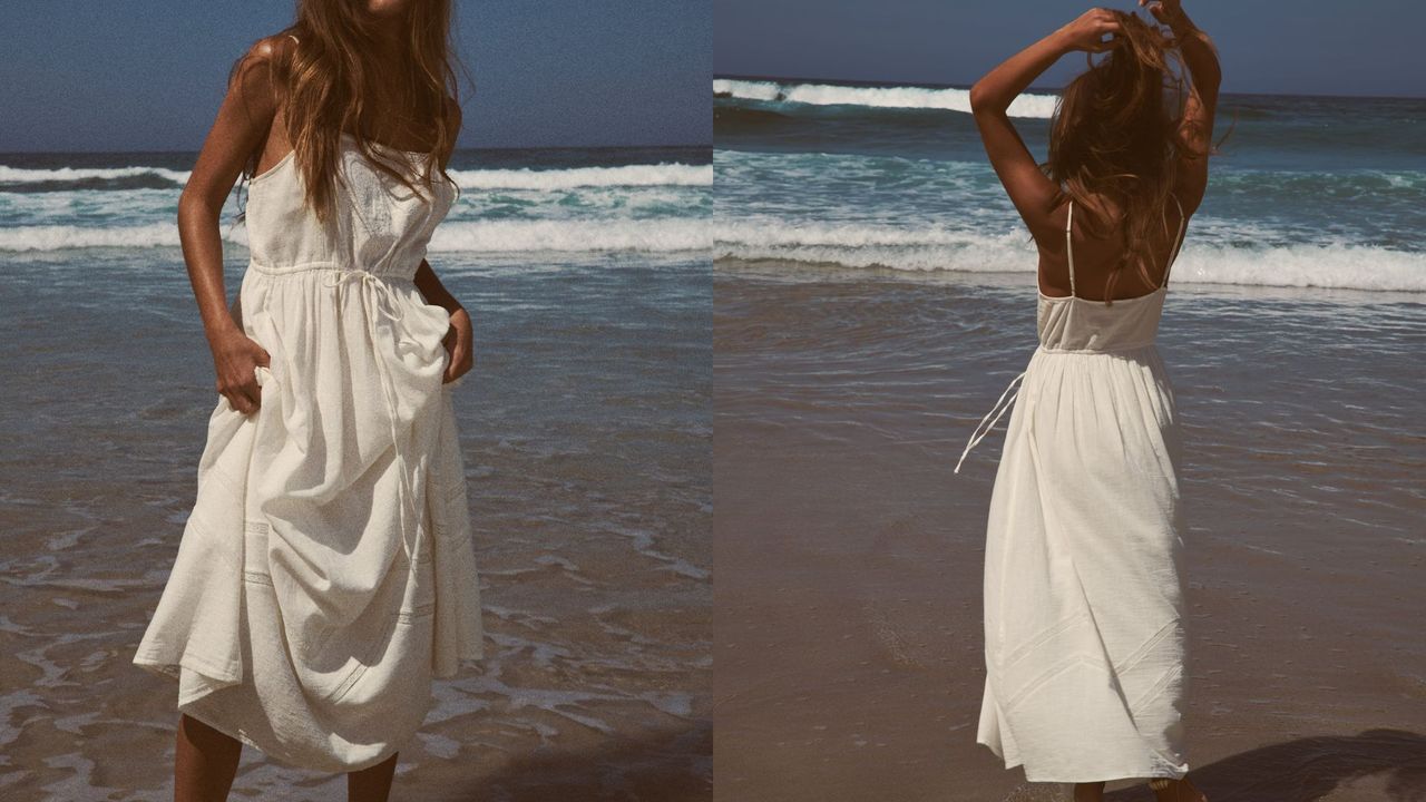 composite of model wearing white zara floaty dress on the beach