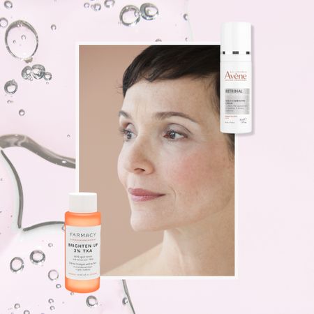 a pink serum texture featuring a mature woman with short brown hair and age spots next to two skincare treatments