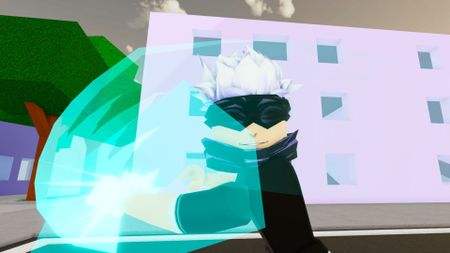Jujutsu Shenanigans player wearing a Gojo avatar head and using a blue energy beam