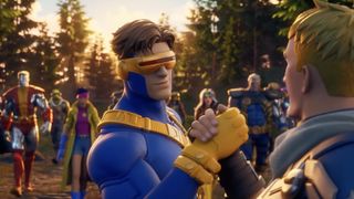 Cyclops shakes hands with Captain Jonesy. Other X-Men can be seen in the background