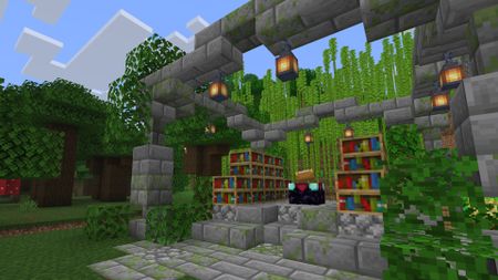 A stone enchanting table area in Minecraft