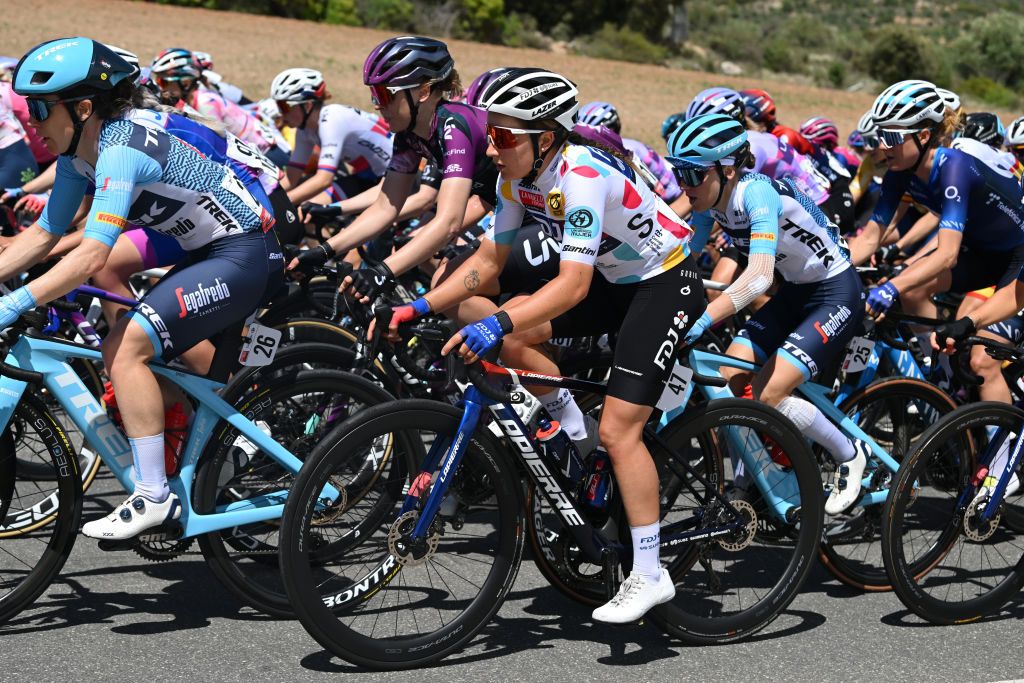 GUADALAJARA SPAIN MAY 04 Jade Wiel of France and Team FDJSuez Polka Dot Mountain Jersey competes during the 9th La Vuelta Femenina 2023 Stage 4 a 1331km stage from Cuenca to Guadalajara UCIWWT on May 04 2023 in Guadalajara Spain Photo by Dario BelingheriGetty Images