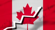 Canada flag, White arrow and stocks chart growth up 