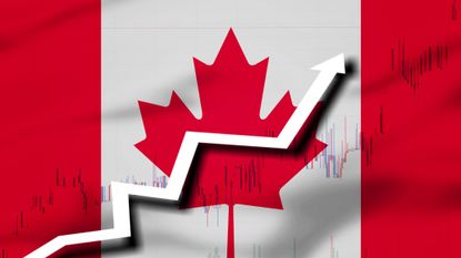 Canada flag, White arrow and stocks chart growth up