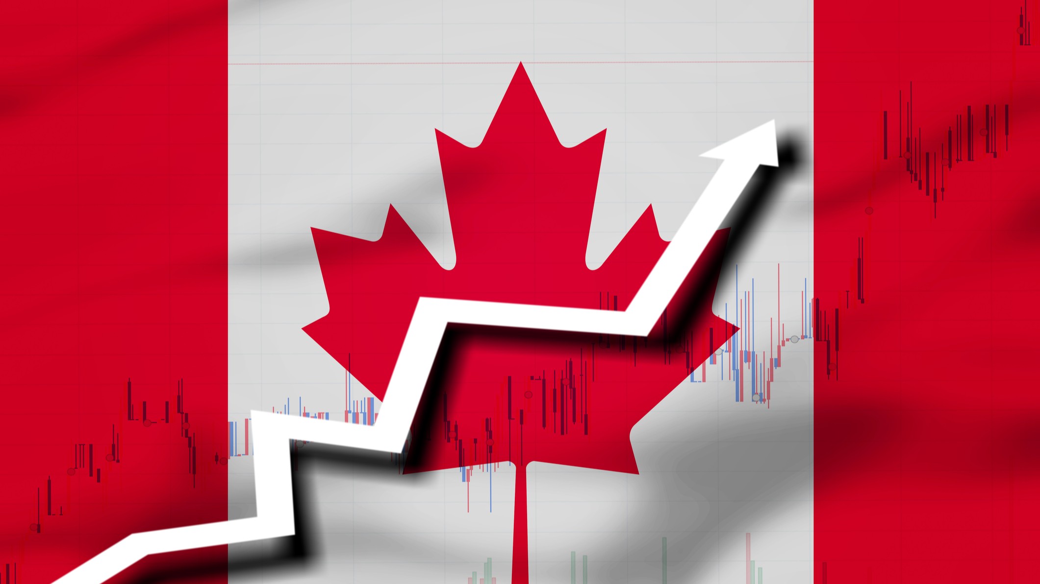 Canada flag, White arrow and stocks chart growth up 