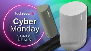 A Sonos Roam, Move and Arc on colorful background with TR's Cyber Monday Sonos deals badge 