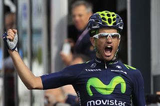 Benat Intxausti (Movistar) celebrates as he crosses the finish line to win the 8th stage of the Giro d'Italia.