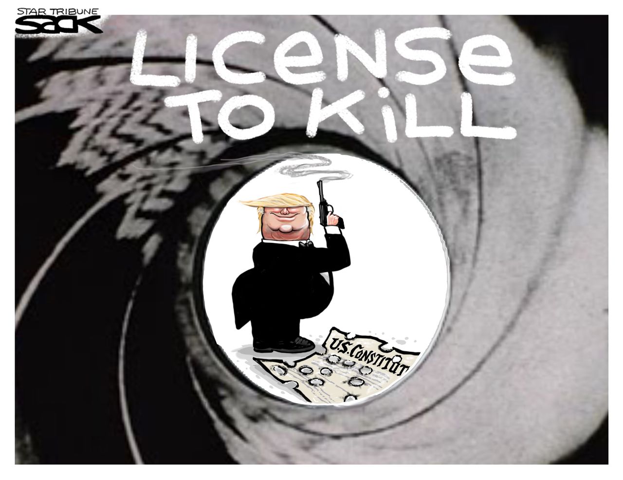 Political Cartoon U.S. Trump James Bond license to kill impeachment