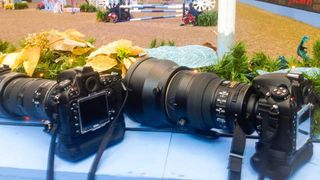 two Nikon D800s laydown on a baby blue barrier at an inside sporting event