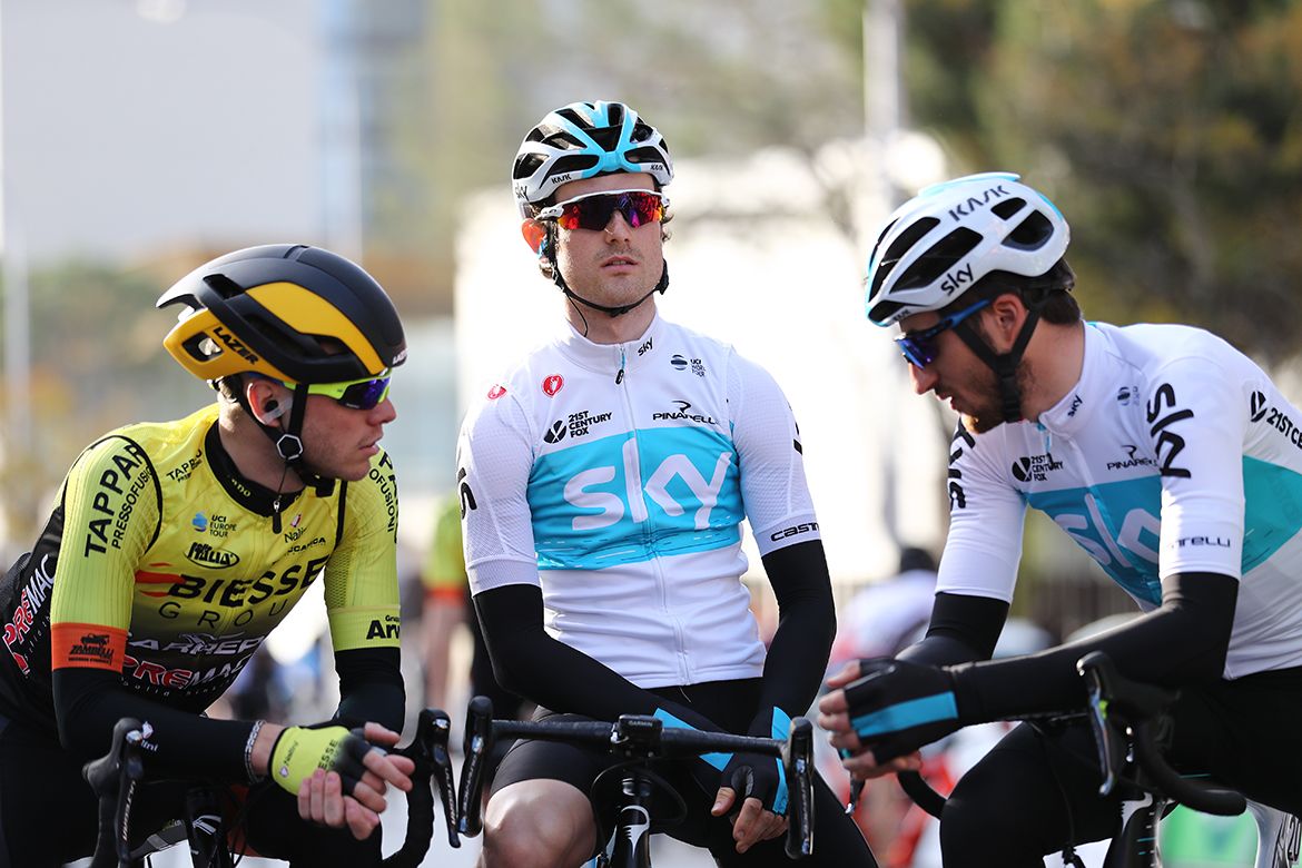 Enrico Salvador talks to Team Sky's Italian duo of Leonardo Basso and Gianni Moscon