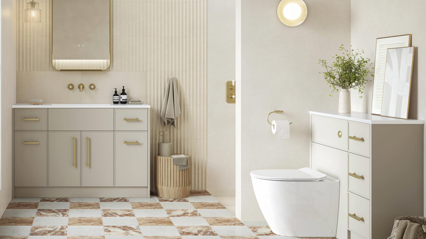 Toilet with neutral walls and chequerboard flooring 