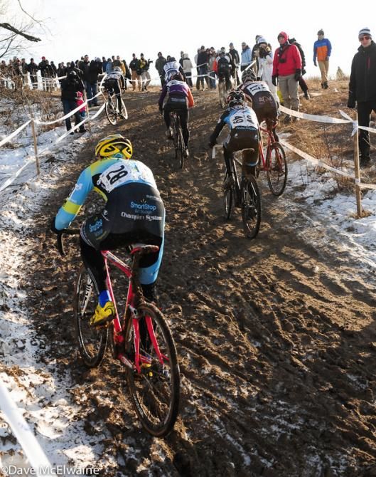Adam Myerson (Smartstop/Mountain Khakis) following a group up a steep climb