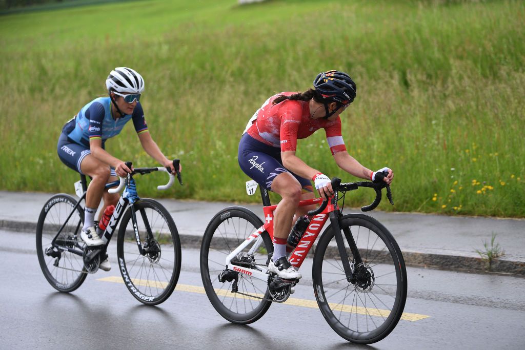 FRAUENFELD SWITZERLAND JUNE 05 Elisabeth DeignanArmitstead of United Kingdom and Team Trek Segafredo Elise Chabbey of Switzerland and Team Canyon SRAM Racing in the Breakaway during the 1st Tour de Suisse Women 2021 Stage 1 a 1143km stage from Frauenfeld to Frauenfeld tourdesuisse tds tdswomen on June 05 2021 in Frauenfeld Switzerland Photo by Tim de WaeleGetty Images