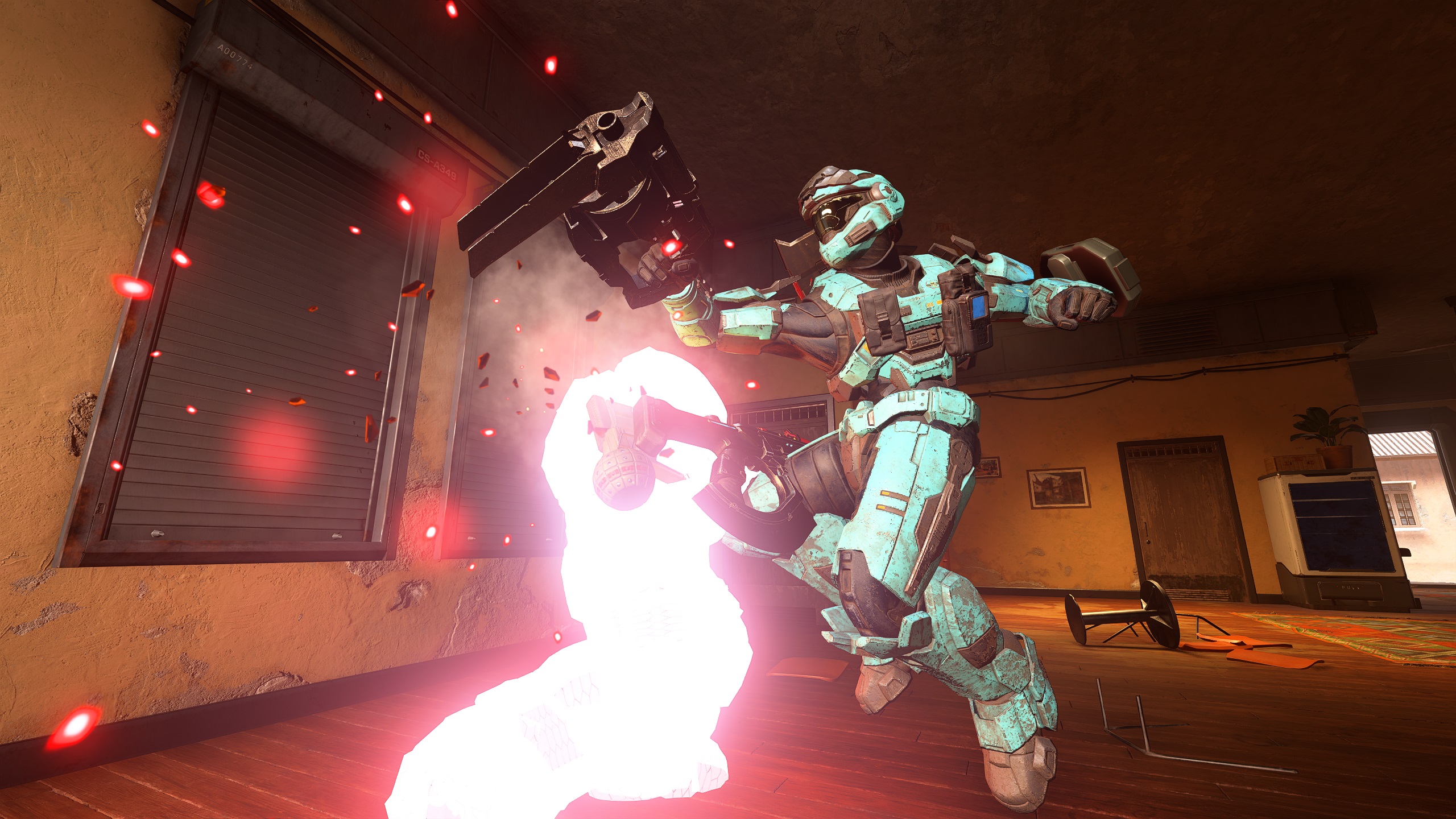 A teal halo soldier punches down a red glowing opponent