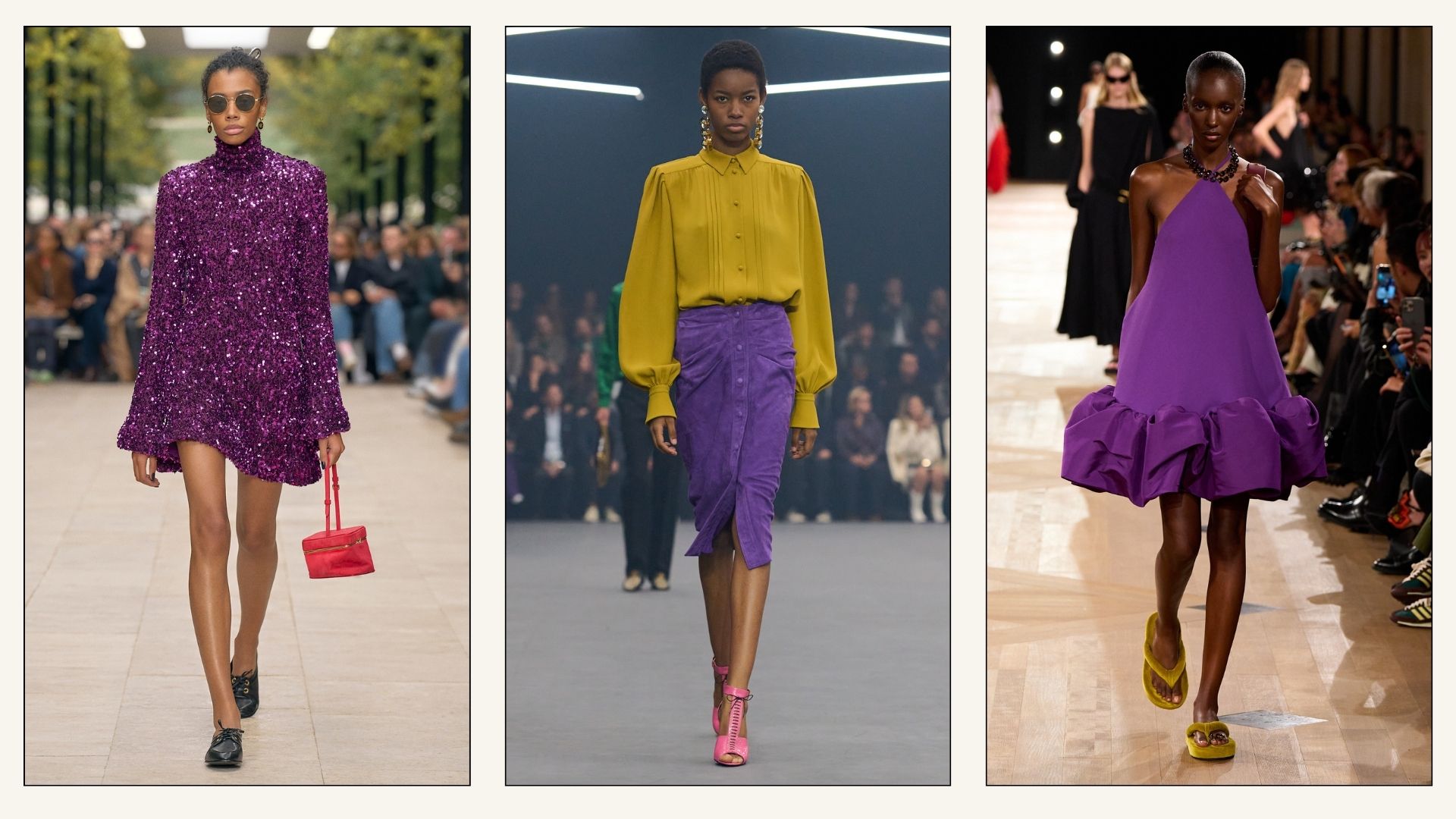 A collage of models on the runway at Celine, Valentino and Balenciaga wearing the purple colour trend.