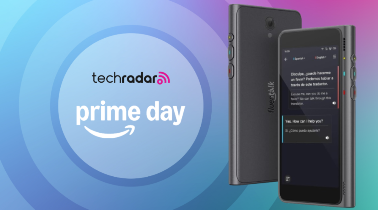 Timekettle FluentTalk T1 AI translator on a colored background next to a TechRadar badge that reads 'Prime Day'