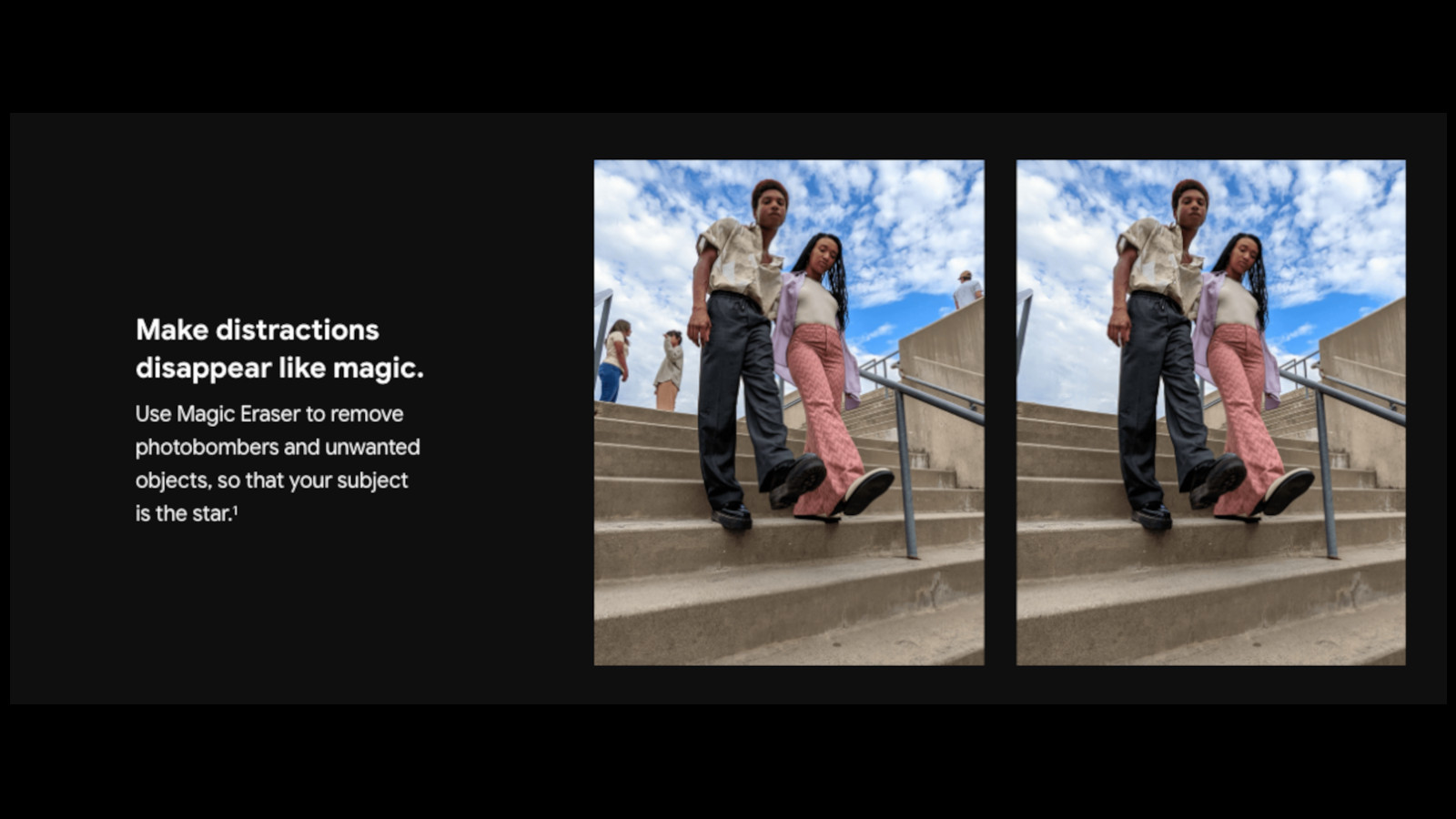 Part of the leaked marketing materials for the Google Pixel 6 Pro, showing how the Magic Eraser feature works by removing people from the background of an image