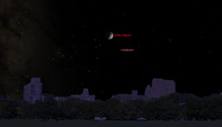 Saturn will shine near the first quarter moon on Aug. 22, 2015. The ringed planet will be visible as a bright dot to the lower right of the moon in the southwestern night sky.