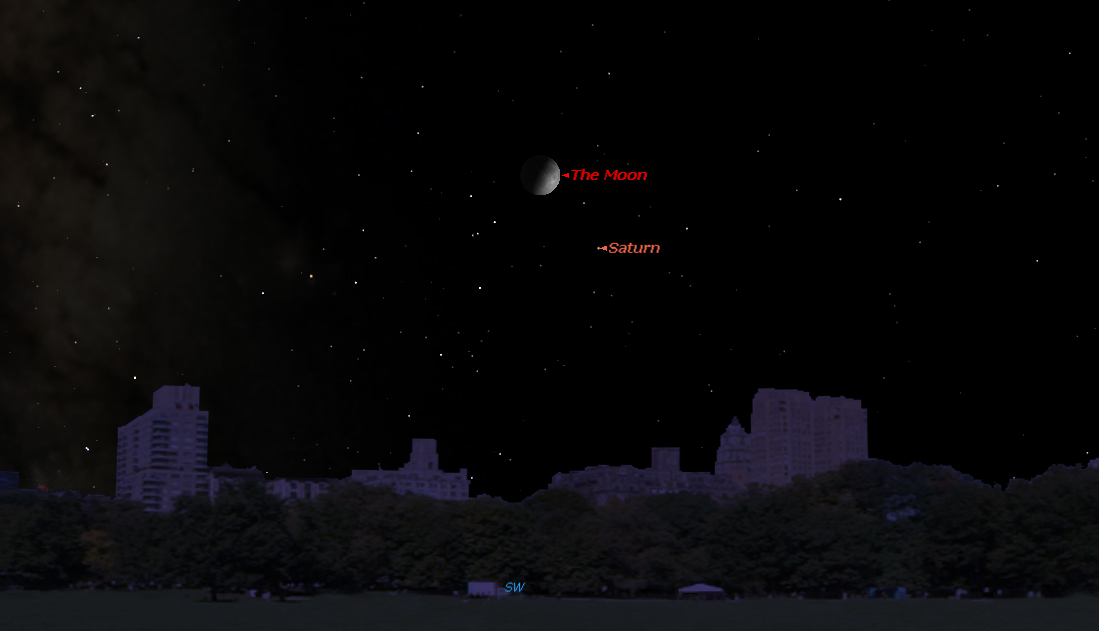 Saturn will shine near the first quarter moon on Aug. 22, 2015. The ringed planet will be visible as a bright dot to the lower right of the moon in the southwestern night sky.