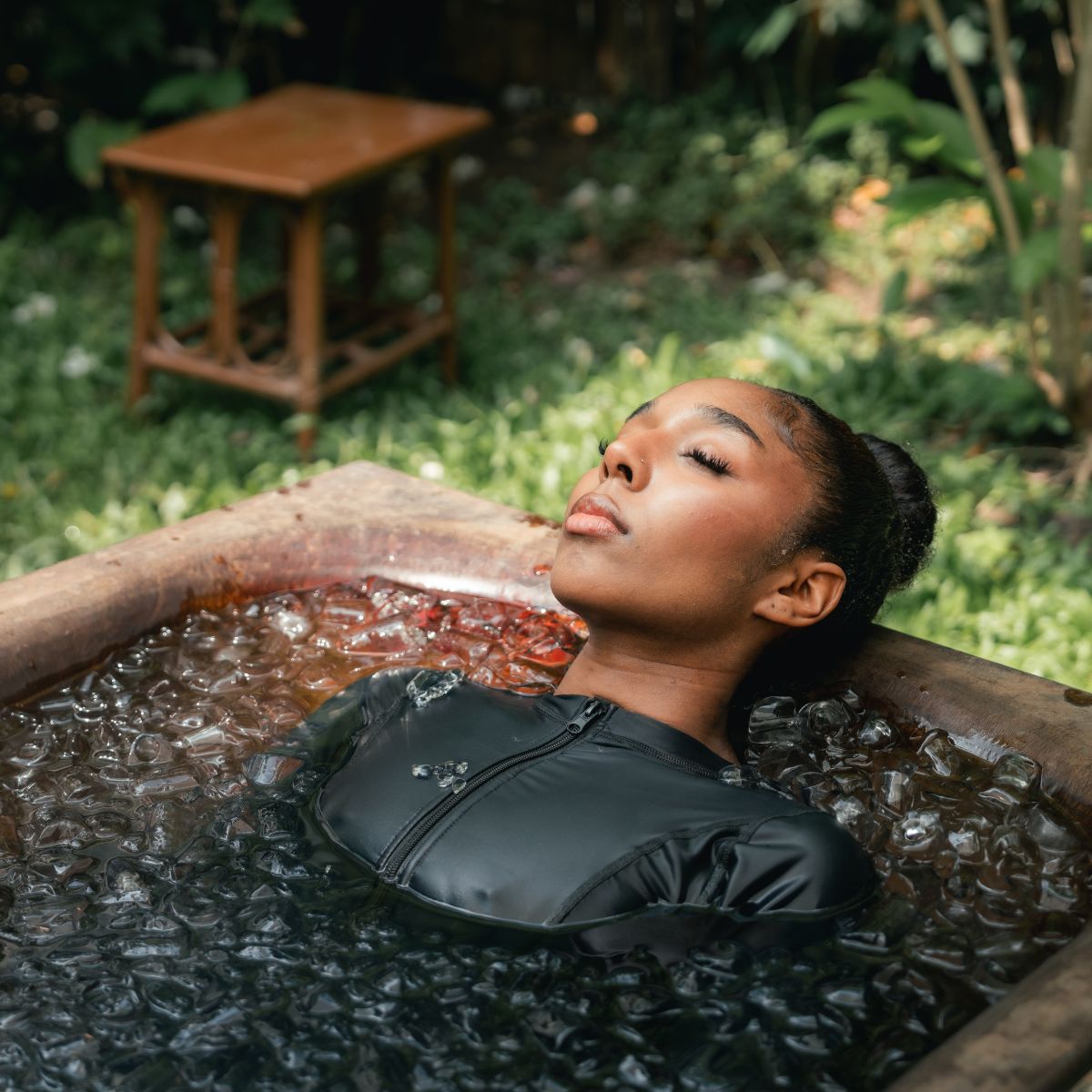 woman outside having an ice bath