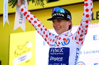 ALBI FRANCE JULY 27 Yara Kastelijn of The Netherlands and Team FenixDeceuninck celebrates at podium as Polka Dot Mountain Jersey winner during the 2nd Tour de France Femmes 2023 Stage 5 a 1261km stage from OnetleChteau to Albi 572m UCIWWT on July 27 2023 in Albi France Photo by Tim de WaeleGetty Images